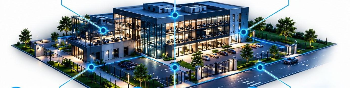 Site tertiaire en vue isométrique, relié aux six domaines d'expertise